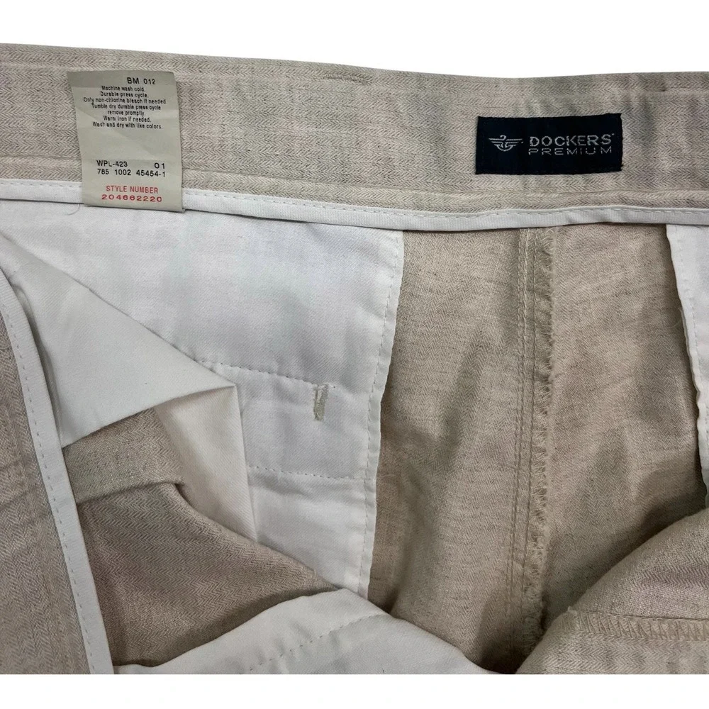 vtg Dockers 33x30 Khaki Linen Cotton Dress Pants Trousers Pleated High Waisted
